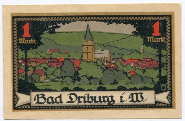 Банкнота город Бад-Дрибург 1 марка 1921 год.