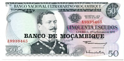Банкнота Мозамбик 50 эскудо 1970 год.