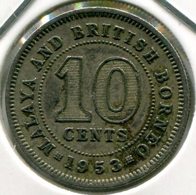 Монета Малайя и Британское Борнео 10 центов 1953 год.