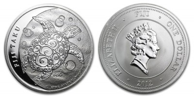 Фиджи, серебряная монета 10 долларов, 2012 год. Черепаха