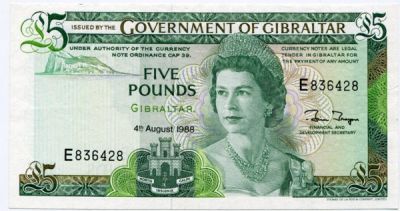 Банкнота Гибралтар 5 фунтов 1988 год.