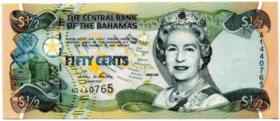 Банкнота Багамские острова 1/2 доллара 2001 год.