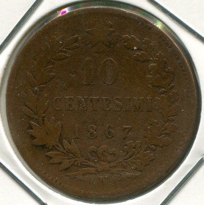 Монета Италия 10 чентезимо 1867 год. N