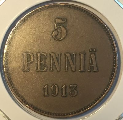 Монета Русская Финляндия 5 пенни  1913 год