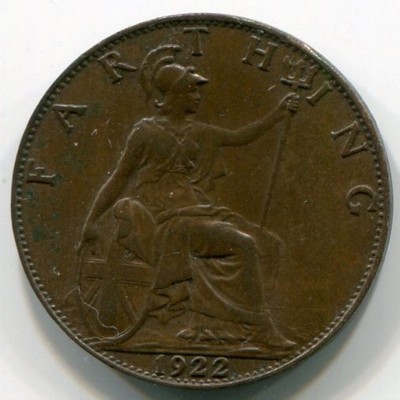 Монета Великобритания 1 фартинг 1922 год.