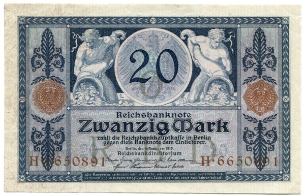 Банкнота Германская Империя 20 марок 1915 год.