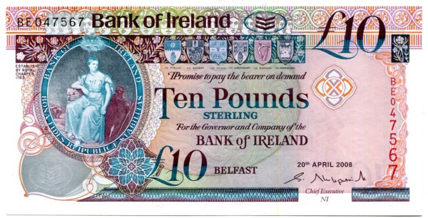 Банкнота Ирландия 10 фунтов 2008 год.