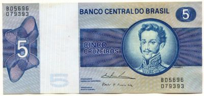 Банкнота Бразилия 5 крузейро 1974 год.