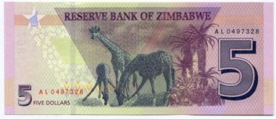 Банкнота Зимбабве 5 долларов 2019 год.