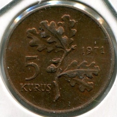 Монета Турция 5 куруш 1971 год.