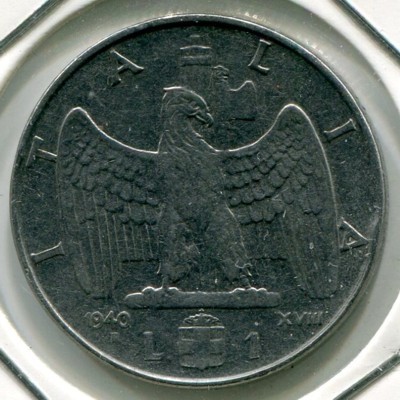 Монета Италия 1 лира 1940 год.