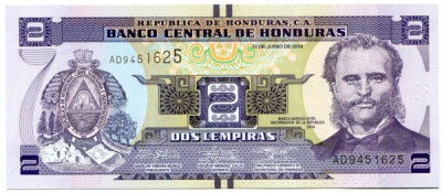 Банкнота Гондурас 2 лемпира 2014 год. 