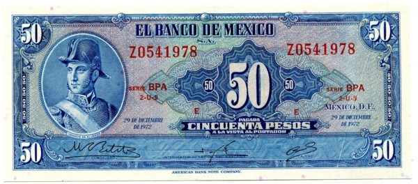 Банкнота Мексика 50 песо 1972 год.