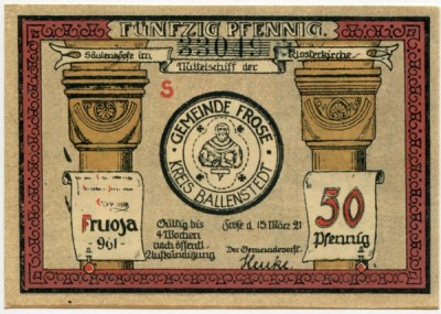 Банкнота коммуна Фрозе 50 пфеннигов 1921 год.