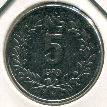 Монета Уругвай 5 песо 1989 год.