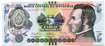 Банкнота Гондурас 5 лемпира 2014 год. 