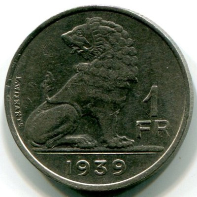 Монета Бельгия 1 франк 1939 год.