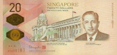 Банкнота Сингапур 20 долларов 2019 год. 200 лет Сингапуру.