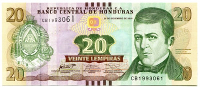Банкнота Гондурас 20 лемпира 2016 год. 