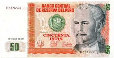 Банкнота Перу 50 инти 1987 год. 
