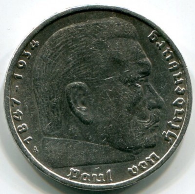 Монета Германия 5 рейхсмарок 1936 год. A
