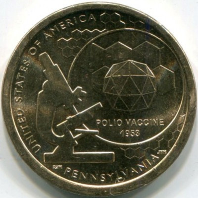 Монета США 1 доллар 2019 год. Вакцина против полиомиелита.