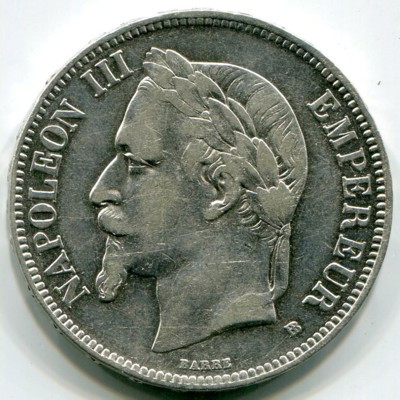 Монета Франция 5 франков 1870 год. Наполеон III