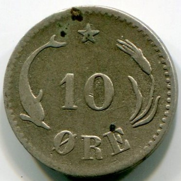 Монета Дания 10 эре 1884 год. Король Кристиан IX