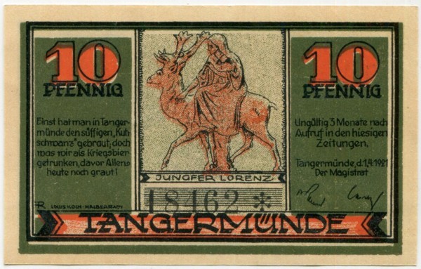 Банкнота город Тангермюнде 10 пфеннигов 1921 год.