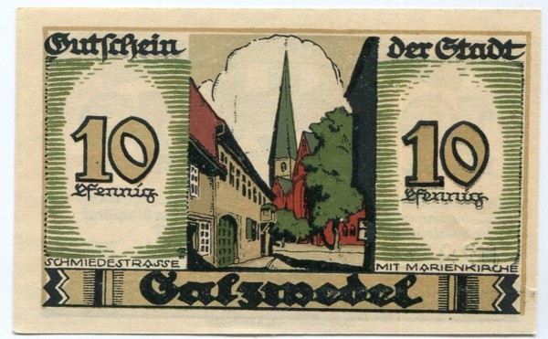 Банкнота город Зальцведель 10 пфеннигов 1921 год. 