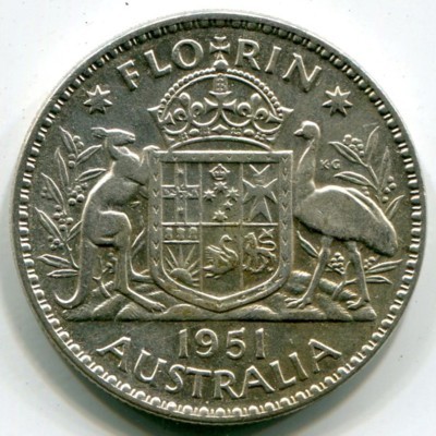 Монета Австралия 1 флорин 1951 год.