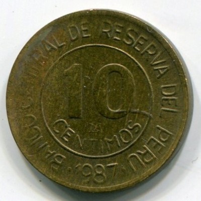 Монета Перу 10 сентимо 1987 год.