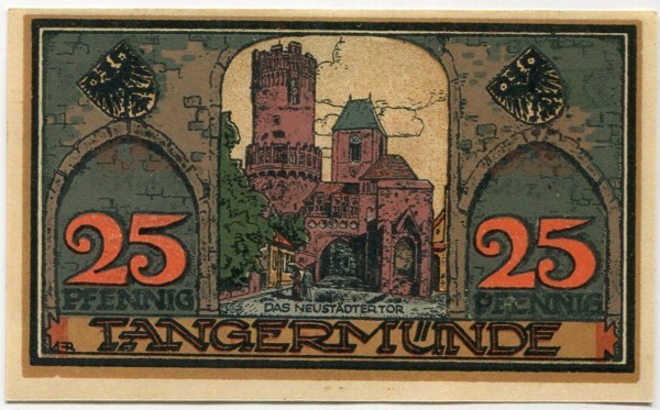 Банкнота город Тангермюнде 25 пфеннигов 1921 год.