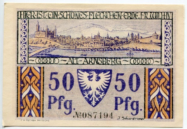 Банкнота город Арнсберг 50 пфеннигов 1922 год.