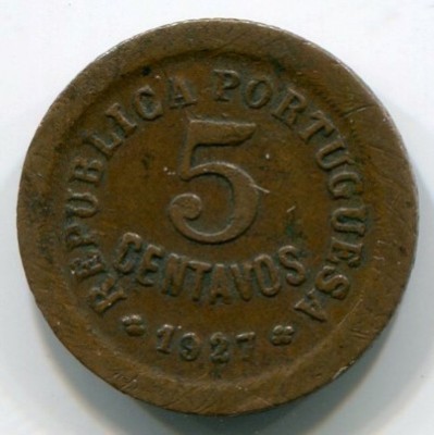 Монета Португалия 5 сентаво 1927 год.