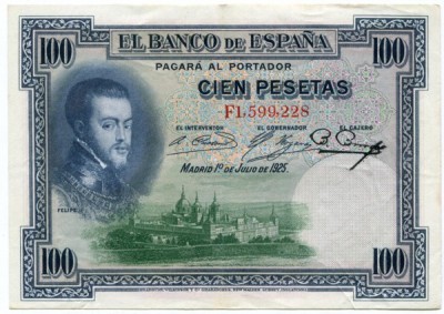 Банкнота Испания 100 песет 1925 год.