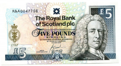 Банкнота Шотландия 5 фунтов 2004 год.