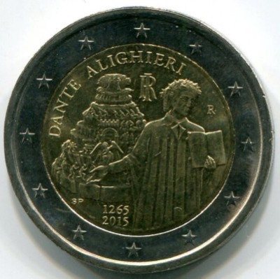 Монета Италия 2 евро 2015 год. 750 лет со дня рождения Данте Алигьери.