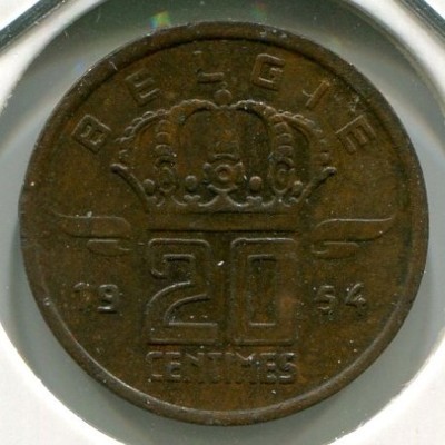 Монета Бельгия 20 сантимов 1954 год. BELGIE