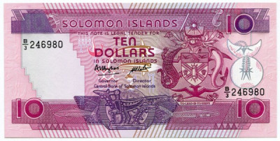 Банкнота Соломоновы острова 10 долларов 1986 год.