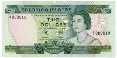 Банкнота Соломоновы острова 2 доллара 1977 год. 