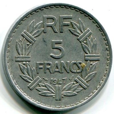 Монета Франция 5 франков 1947 год. 