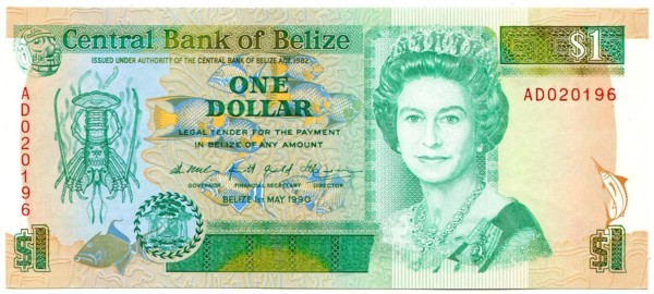 Банкнота Белиз 1 доллар 1990 год.
