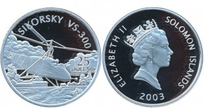 Соломоновы острова 25 долларов 2003 год "SIKORSKY VS-300"