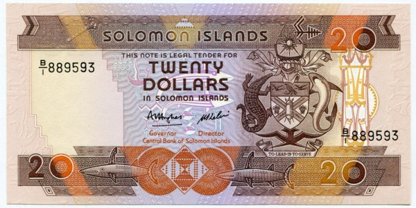 Банкнота Соломоновы острова 20 долларов 1986 год.