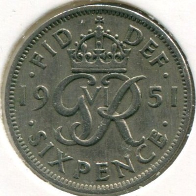 Монета Великобритания 6 пенсов 1951 год.
