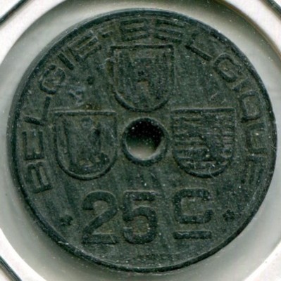 Монета Бельгия 25 сантимов 1943 год.