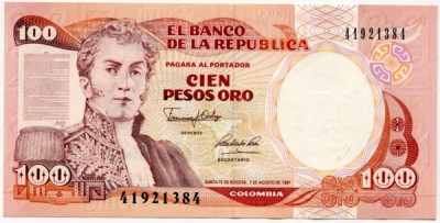 Банкнота Колумбия 100 песо 1991 год. 