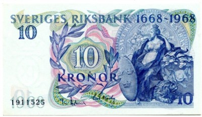 Банкнота Швеция 10 крон 1968 год. 300 лет Шведскому королевскому банку.