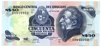 Банкнота Уругвай 50 новых песо 1988 год.